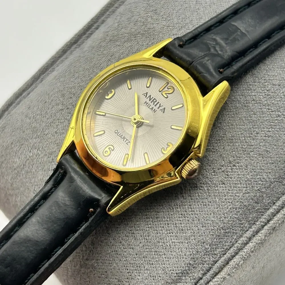 Anriya Milan Gold-tone Black Genuine Leather Women’s Quartz Watch New Battery